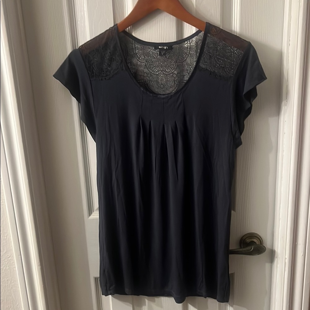Black Pleated Blouse with V-neck and Cap Sleeves